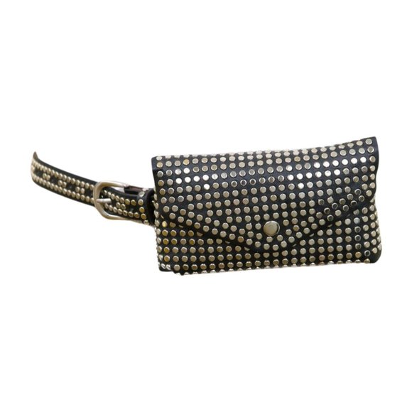 Women Black Faux Leather Skinny Belt + Wallet Bag Silver Studs Size S M z037